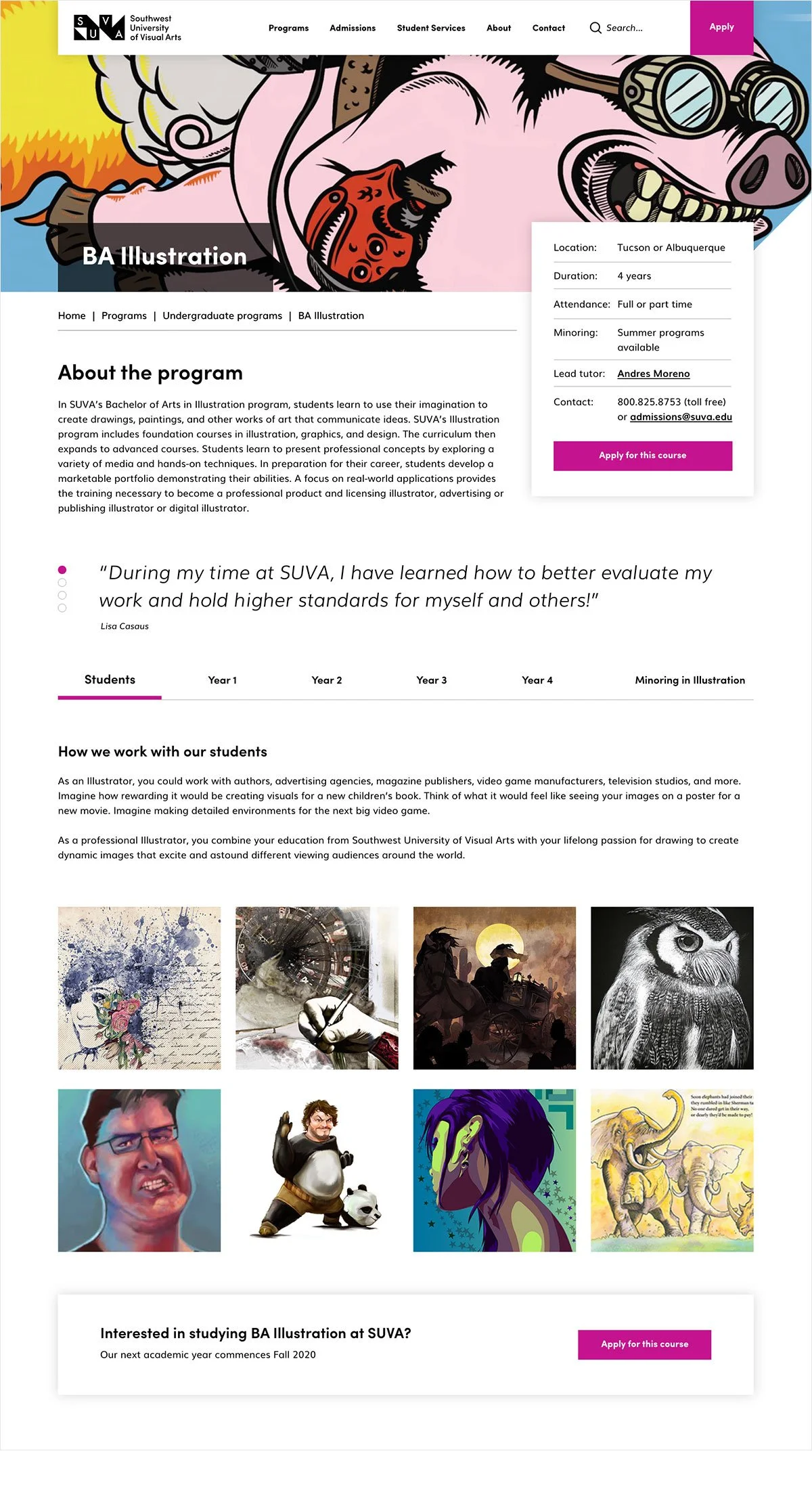 A webpage for Southwest University of Visual Arts BA Illustration program, featuring program details, contact information, student testimonials, and sample student artwork.