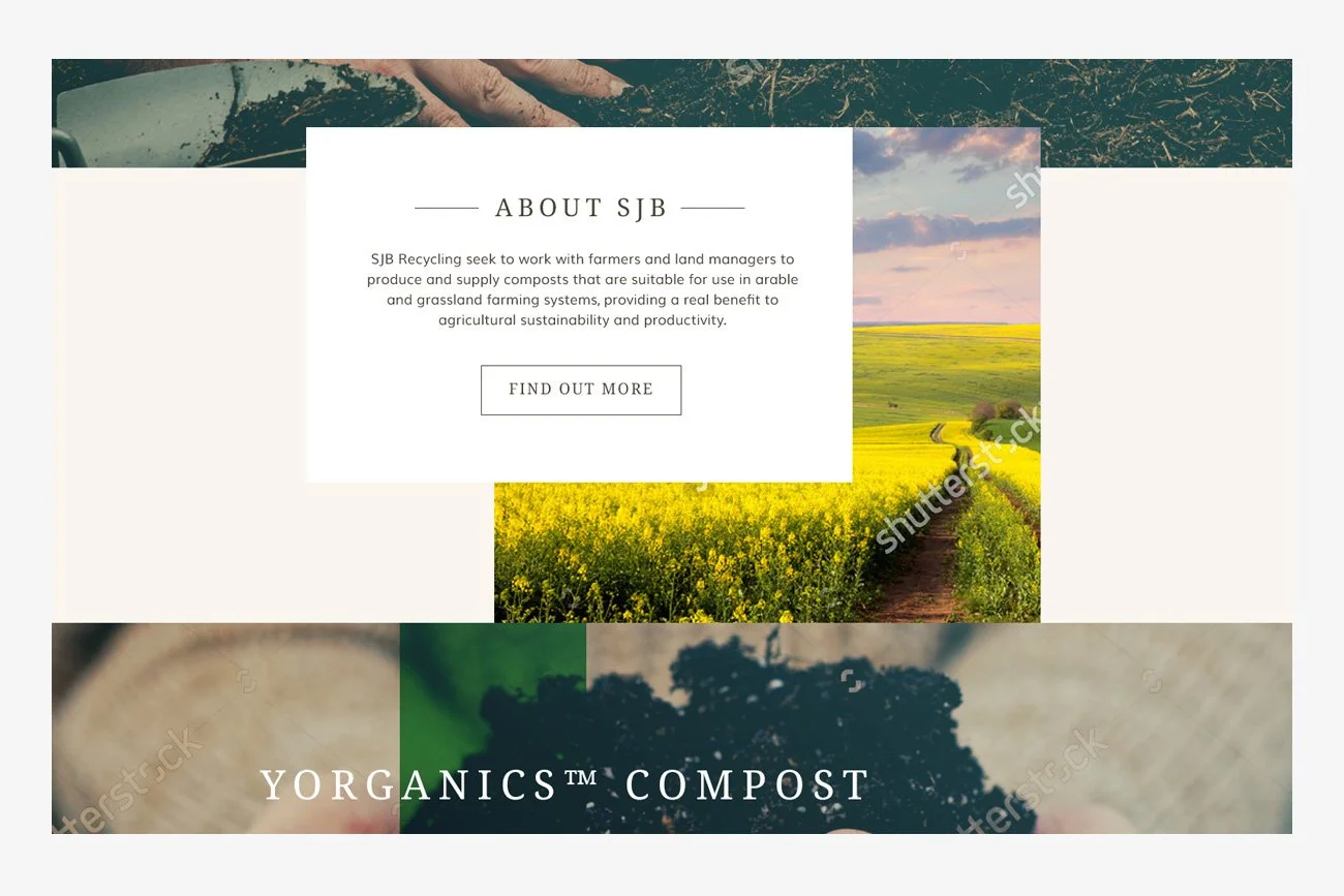 A website with an about section for SJB Recycling, featuring a landscape photo of fields and a sky with clouds, and a smaller section promoting organic compost.