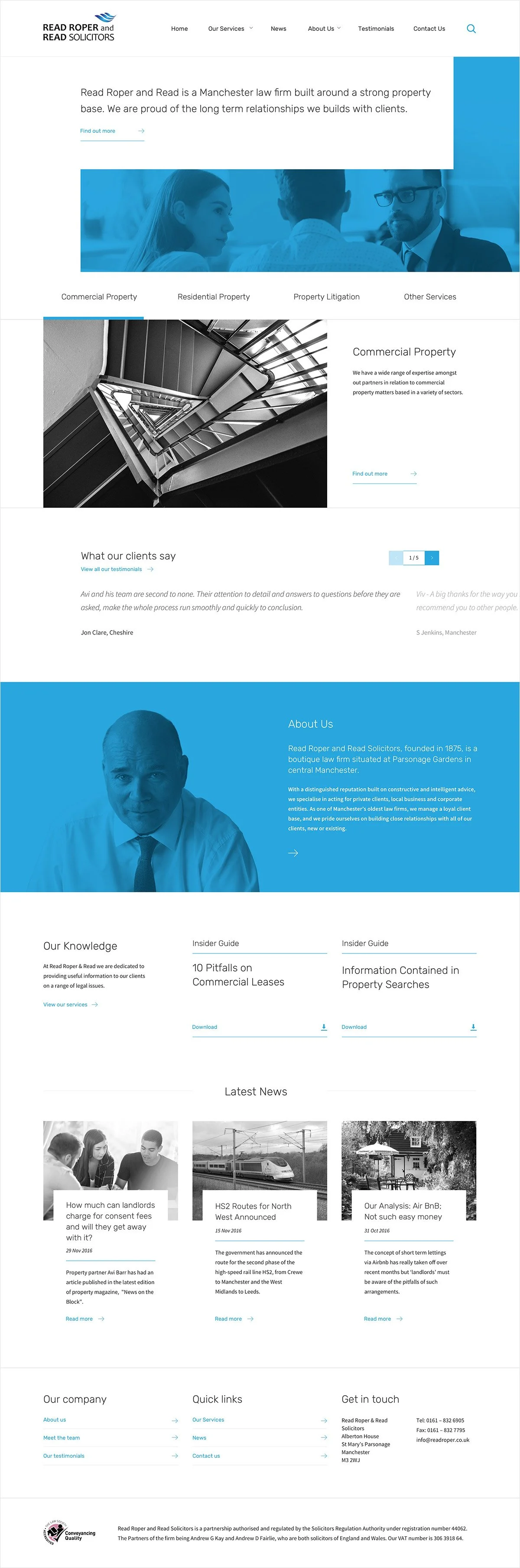 Screenshot of the homepage for Read Roper and Read Solicitors, a Manchester law firm, featuring navigation menu, hero image of professionals, black-and-white image of a staircase, and sections about services, client testimonials, about the firm, knowledge resources, news, about the company, quick links, and contact information.