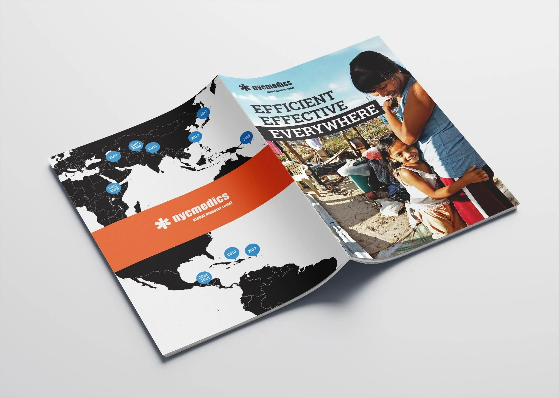 Open brochure featuring a world map with blue dots marking years, and a cover photo showing women and a young girl at an outdoor setting with the text 'Efficient, Effective, Everywhere' and the nycmedics logo.