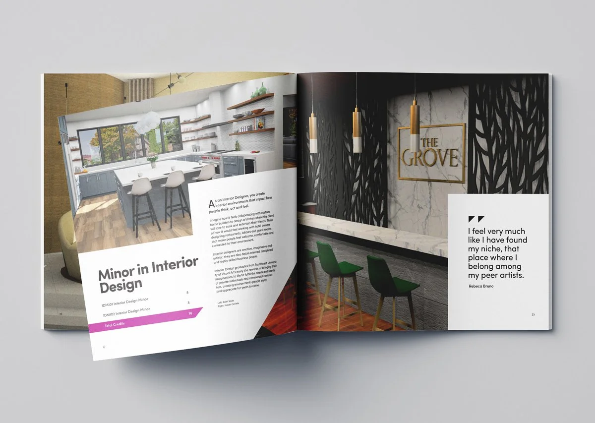 Open interior design magazine showing a modern kitchen with white countertops and barstools on the left, and a stylish wall with pendant lights and seating area on the right.