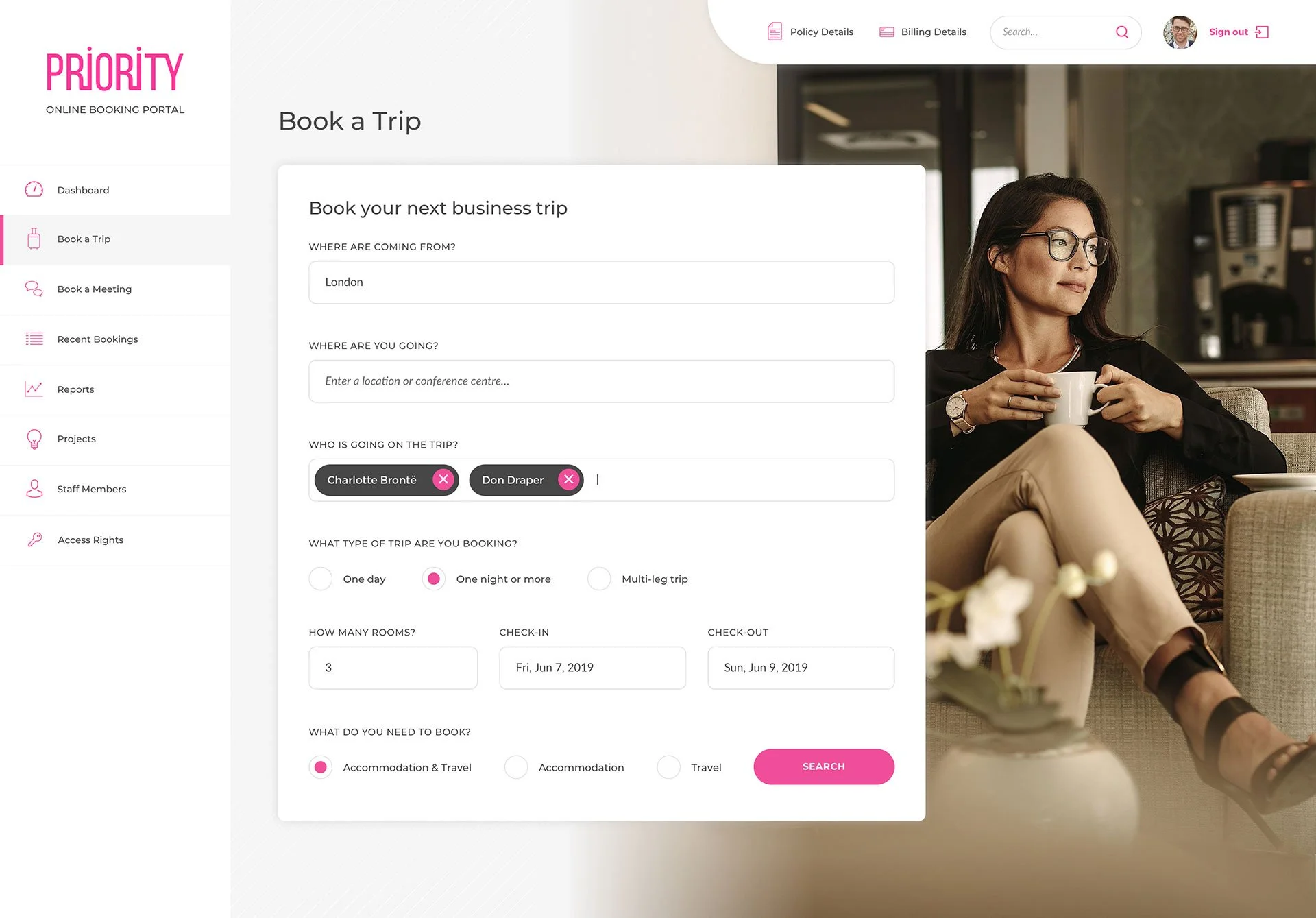 A screenshot of a design displaying the ability to book your next business trip