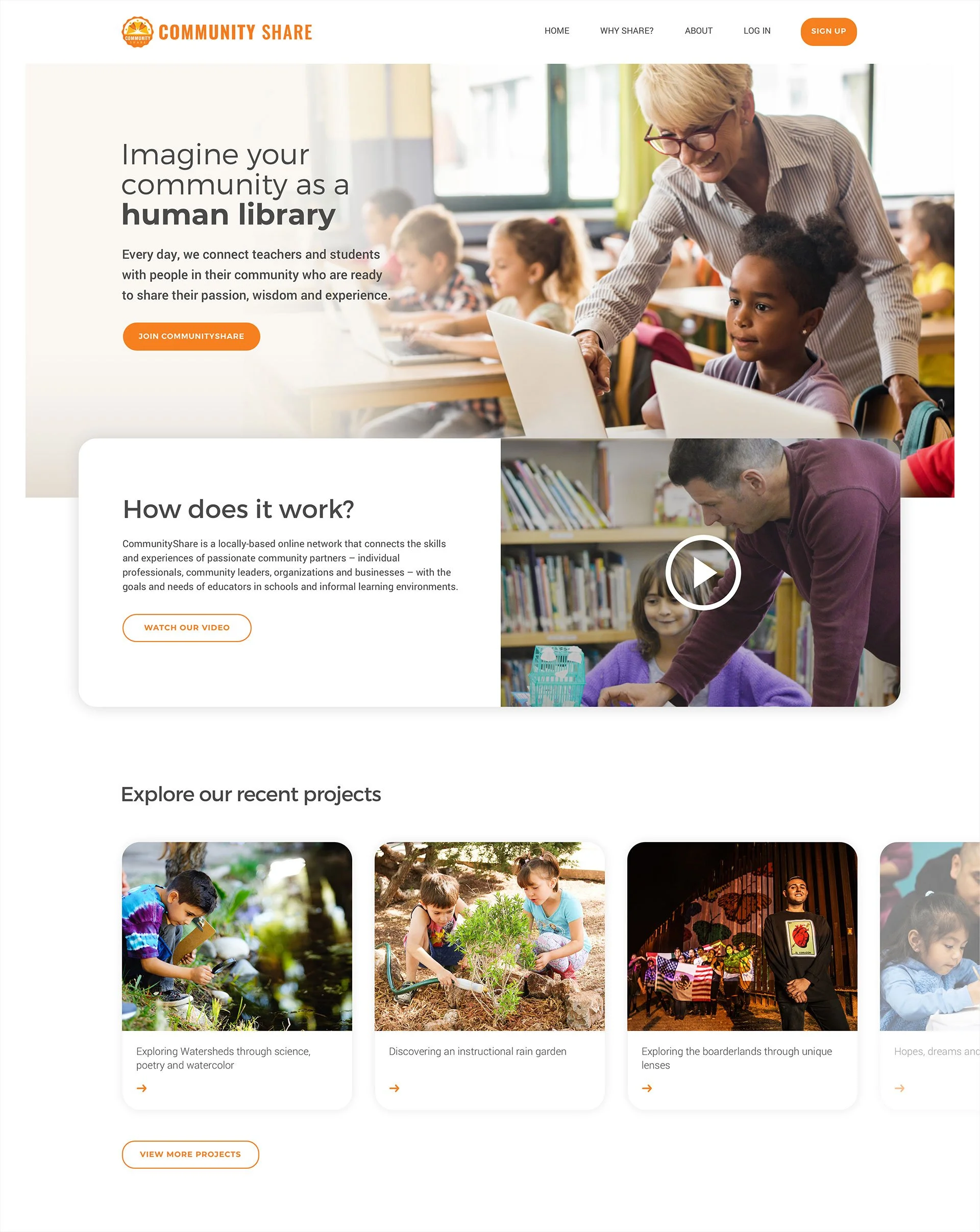 Homepage of Community Share website featuring a header with logo and navigation links, a main section with a welcoming message about connecting teachers and students in the community, and images of children and adults involved in educational and environmental activities.
