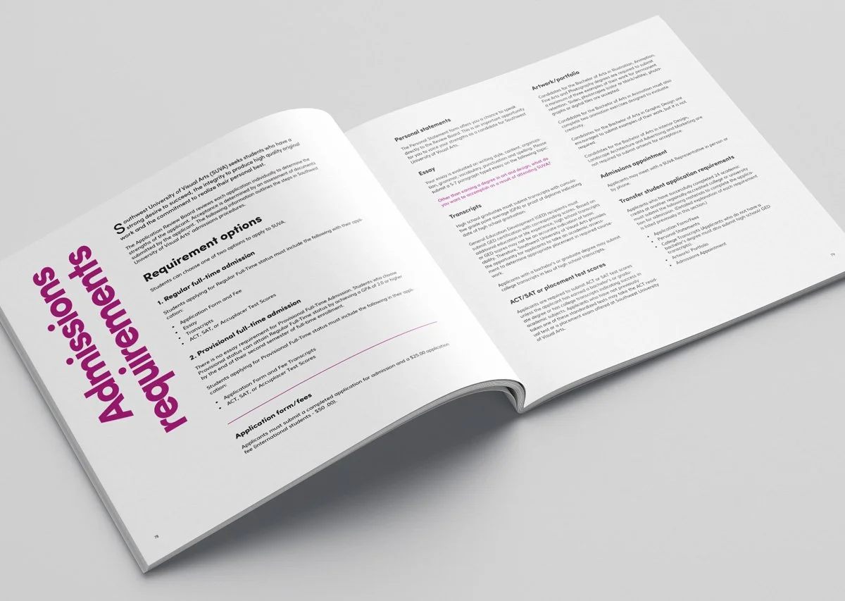 Open booklet with admissions requirements, application forms, and test scores information, featuring purple and black text on a white background.