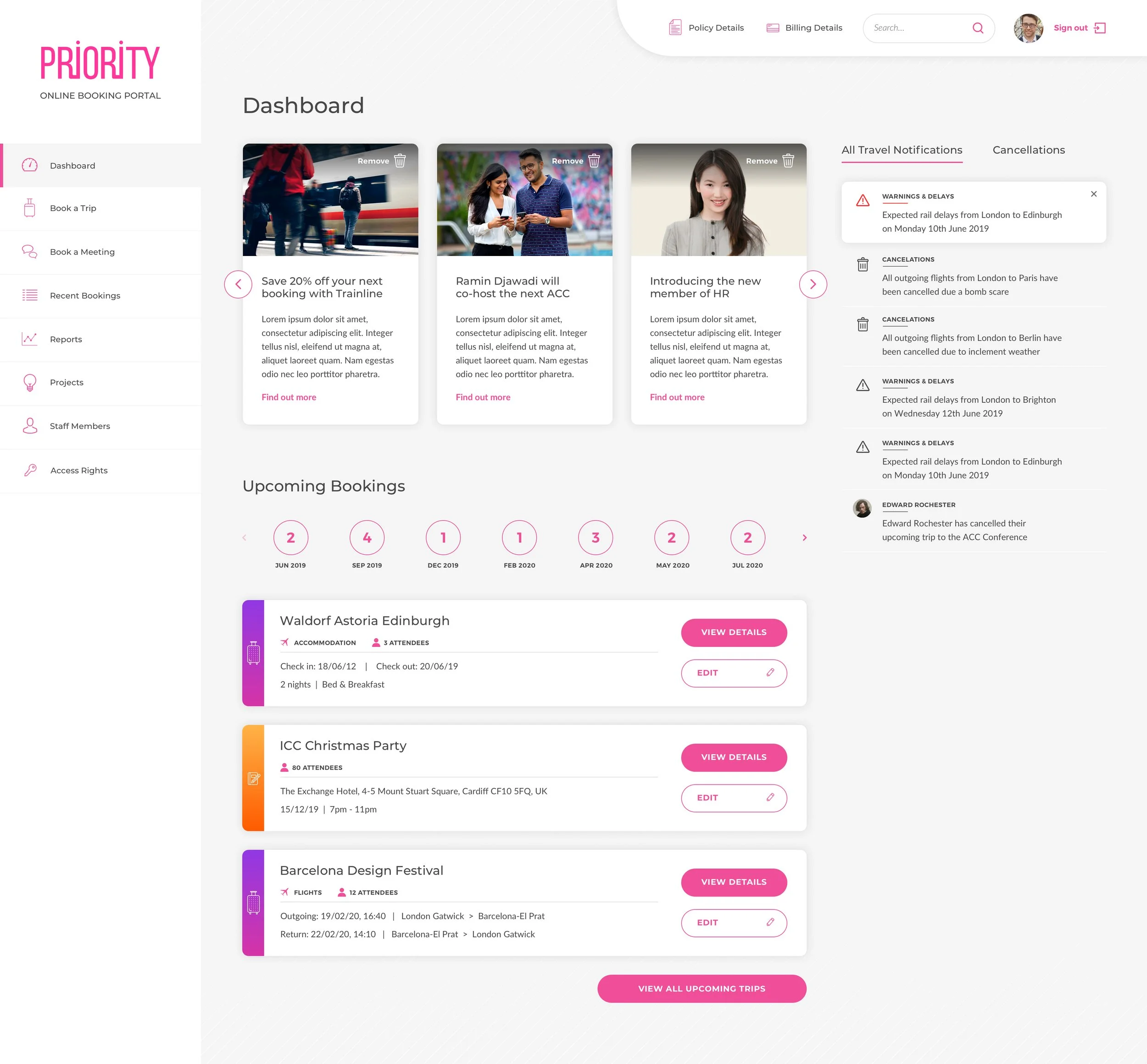 Screenshot of an online travel booking portal dashboard with upcoming trip details, notifications, and menu options.