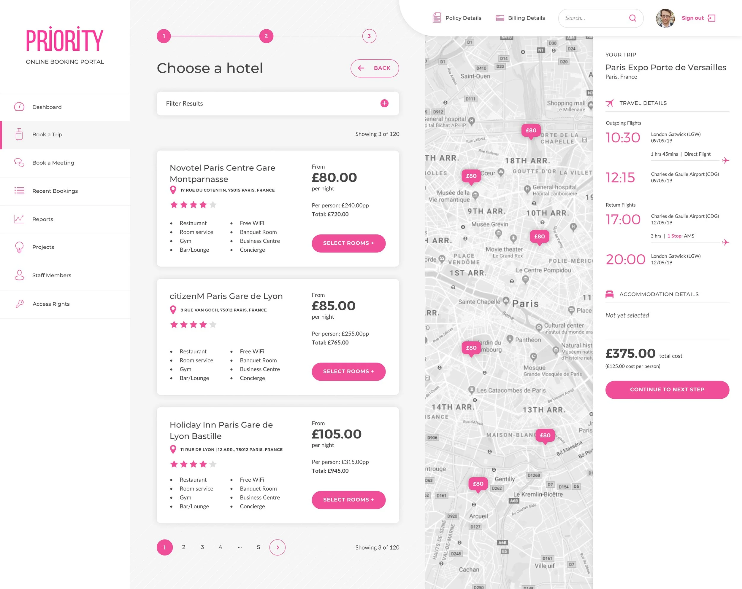 Screenshot of an online hotel booking portal displaying a list of hotels in Paris with prices and a map showing hotel locations, including options to select rooms and view trip details.