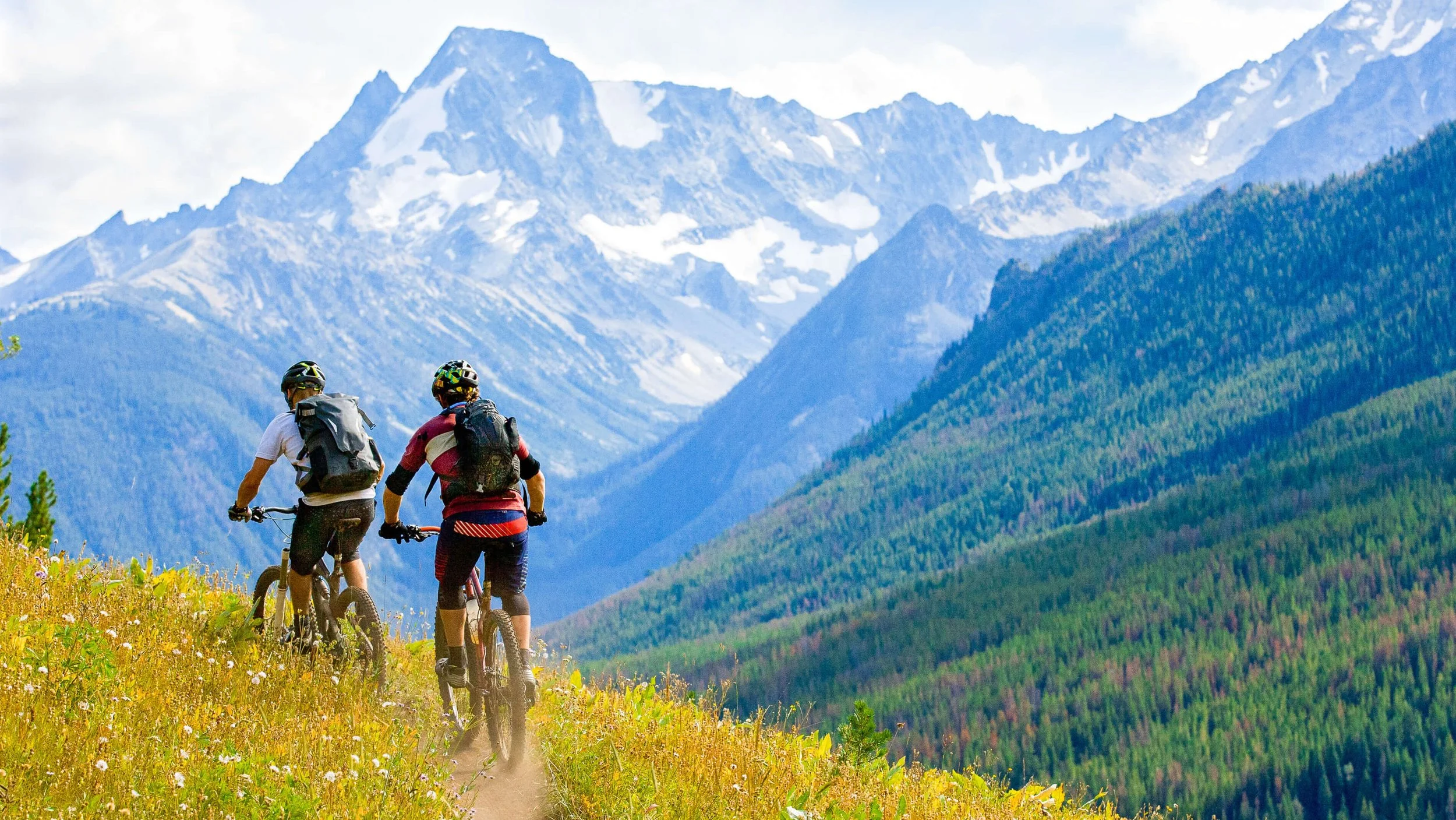 Two mountain bikers riding on a dirt trail through a grassy area with wildflowers, with a mountain range covered in snow and dense forests in the background.