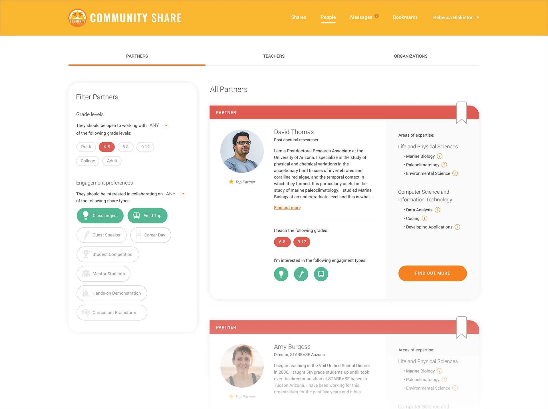 Screenshot of a website called Community Share featuring profiles of partners, including David Thomas and Amy Burgess, with their photos, roles, and expertise areas. The page includes filters for grade levels and engagement preferences, and options to find out more about each partner.