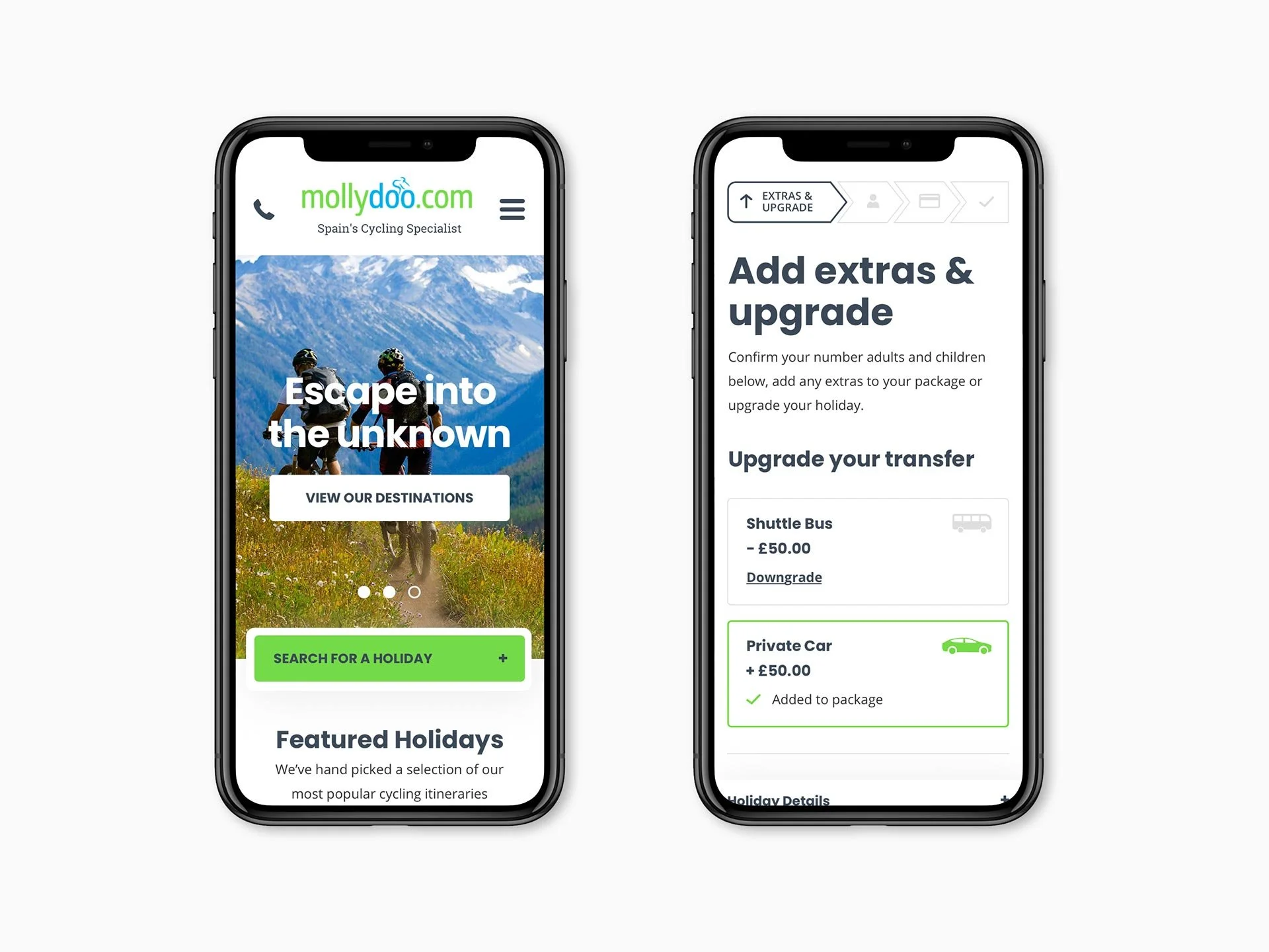 Two smartphone screens displaying a travel booking website with images of cyclists and mountain scenery, and text about adding extras and upgrading holiday details.
