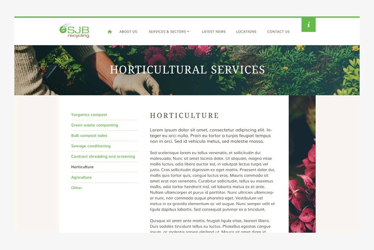 Screen shot of a website page titled 'Horticultural Services', featuring a menu on the left with options like 'Yorganic compost' and 'Green waste composting', and a main section with placeholder text describing horticulture services. The header has a logo and navigation menu including 'About Us', 'Services & Sectors', 'Latest News', 'Locations', and 'Contact Us'.