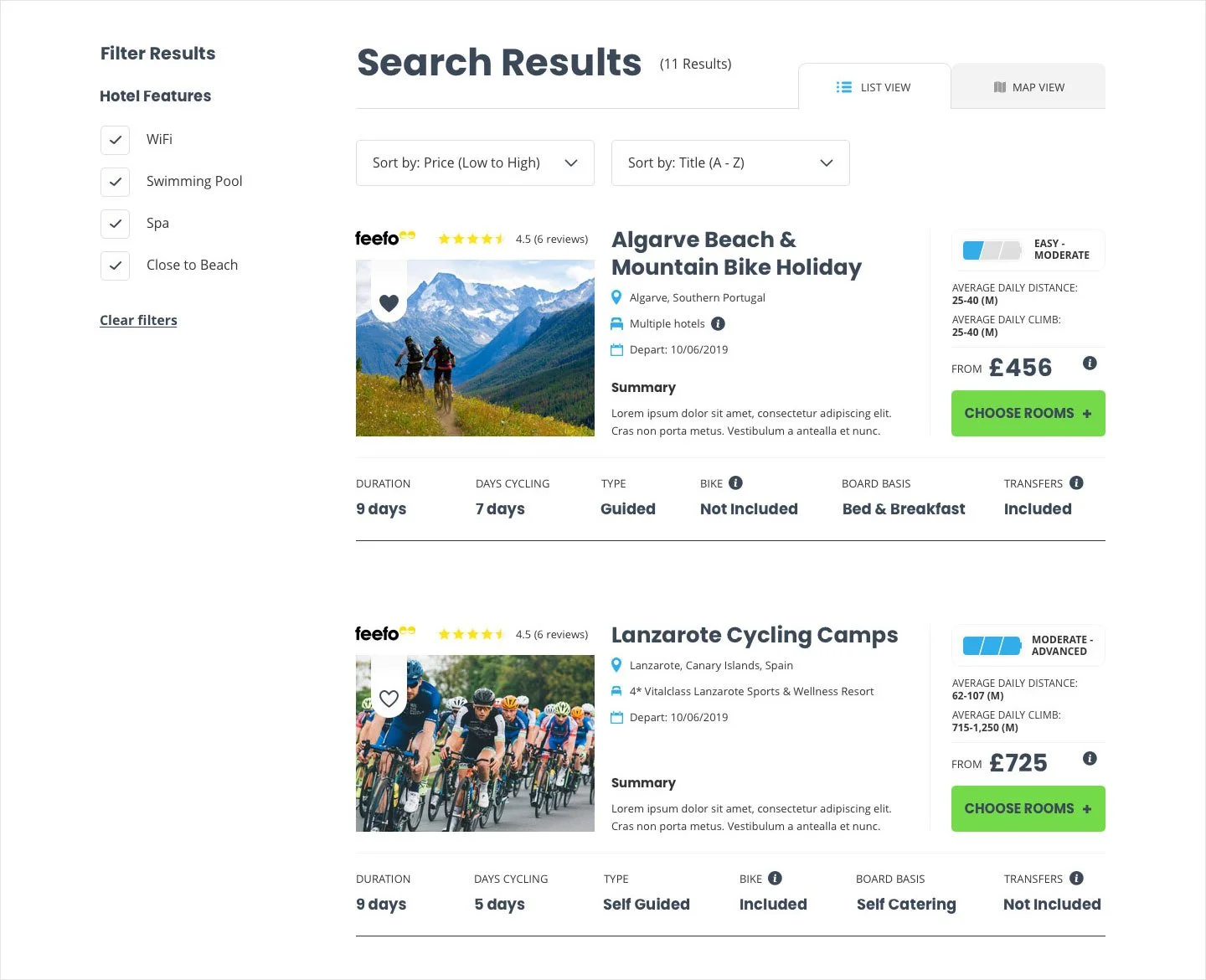 Search results page listing two cycling holiday packages. The first is for an Algarve Beach & Mountain Bike Holiday in Portugal, featuring guided tours, bed & breakfast accommodation, and transfers, costing from £456. The second is for Lanzarote Cycling Camps in Spain, offering self-guided tours, with included bike and transfers, starting at £725.