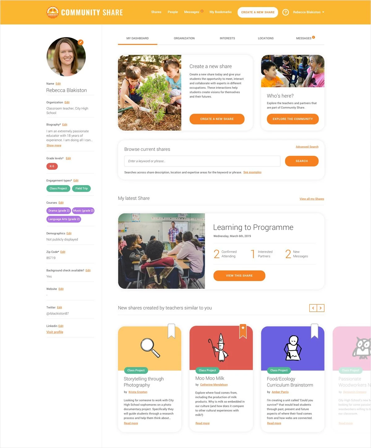 Screenshot of a community sharing platform with a profile picture of a woman and various shares related to educational activities, including children gardening, classroom learning, and teacher-created projects.