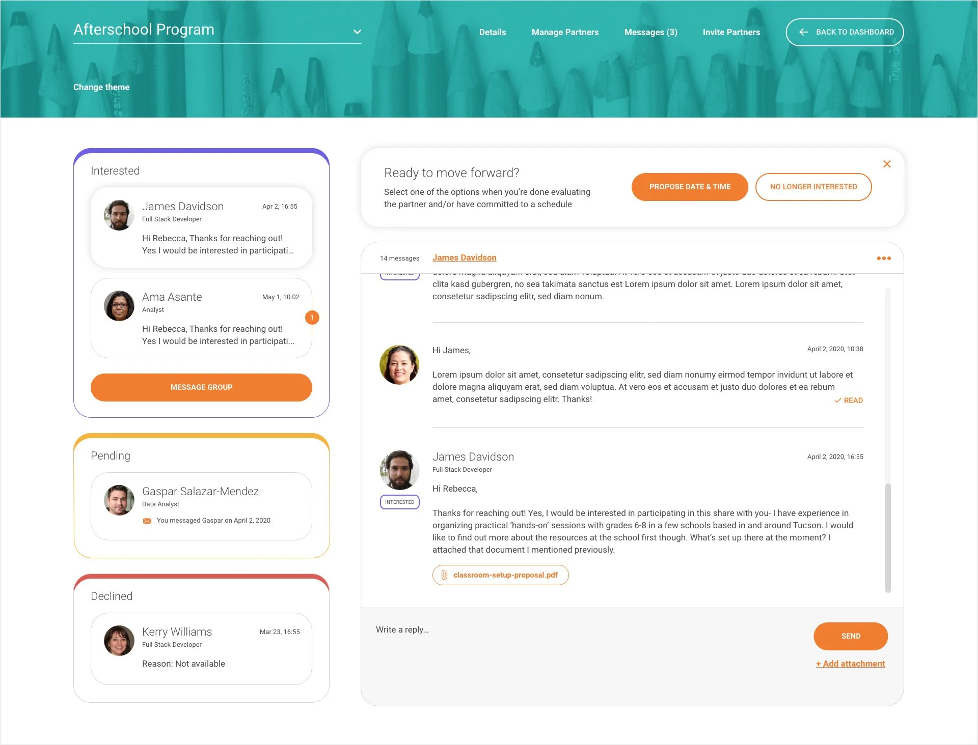 Screenshot of an online afterschool program platform showing a message interface with messages from multiple people, navigation menu, and options to manage partners and invite partners.