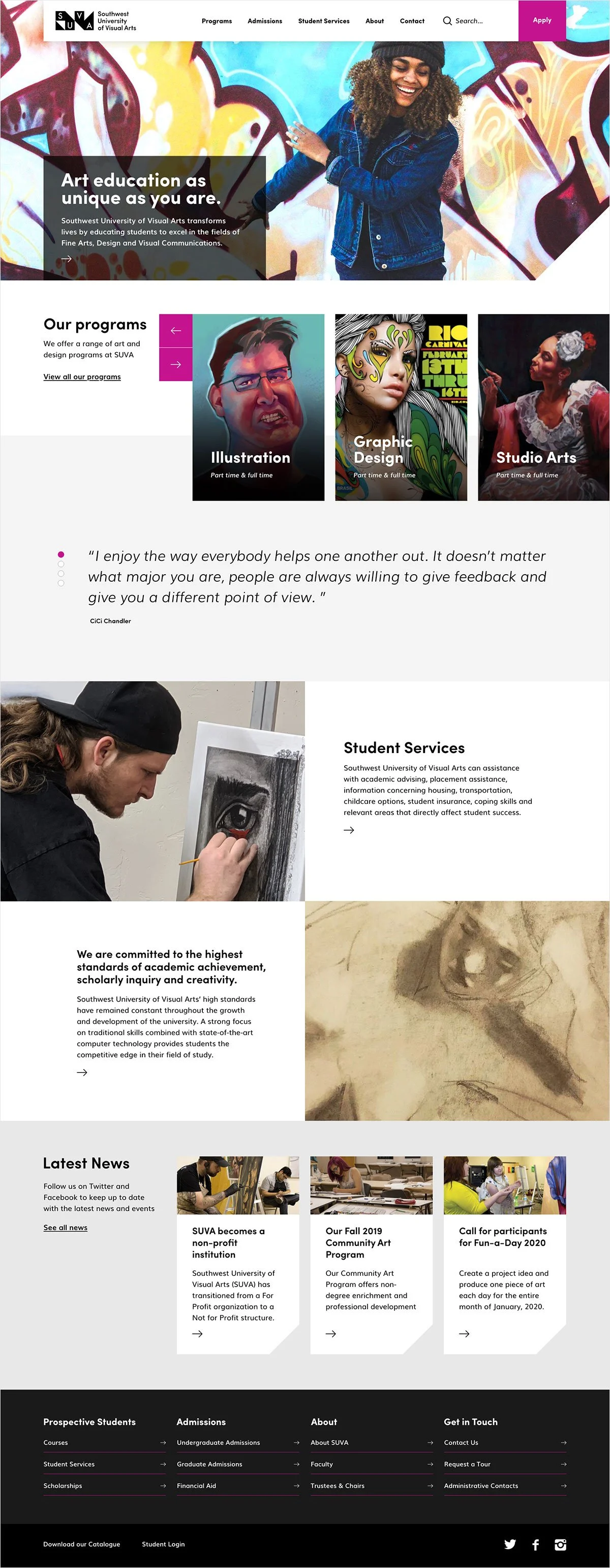 Southwest University of Visual Arts website homepage featuring vibrant art murals, programs in illustration, graphic design, studio arts, student services, latest news, and campus information.