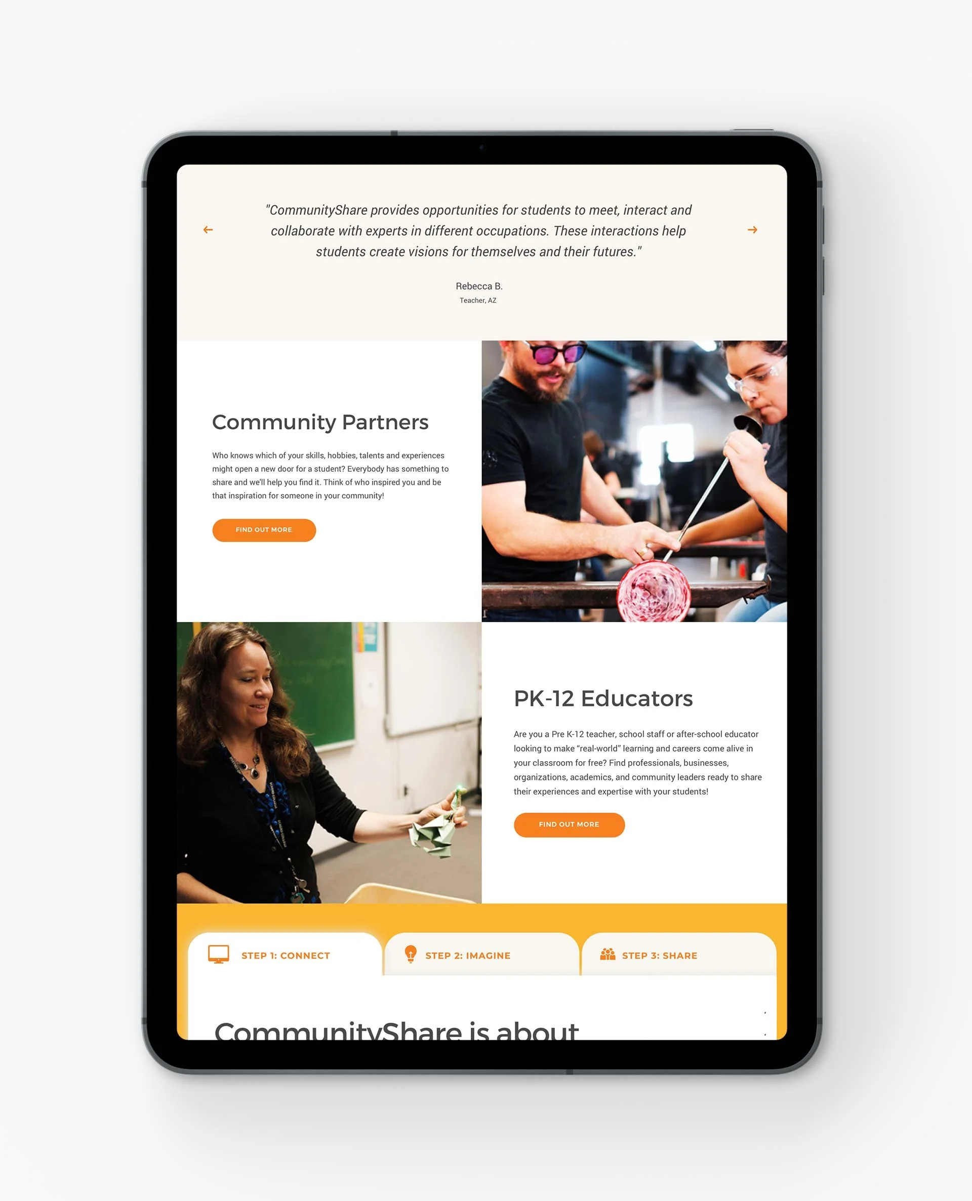 Screenshot of a website on a mobile device showing quotes from educators, images of children and teachers in classroom settings, and a three-step process for community sharing.