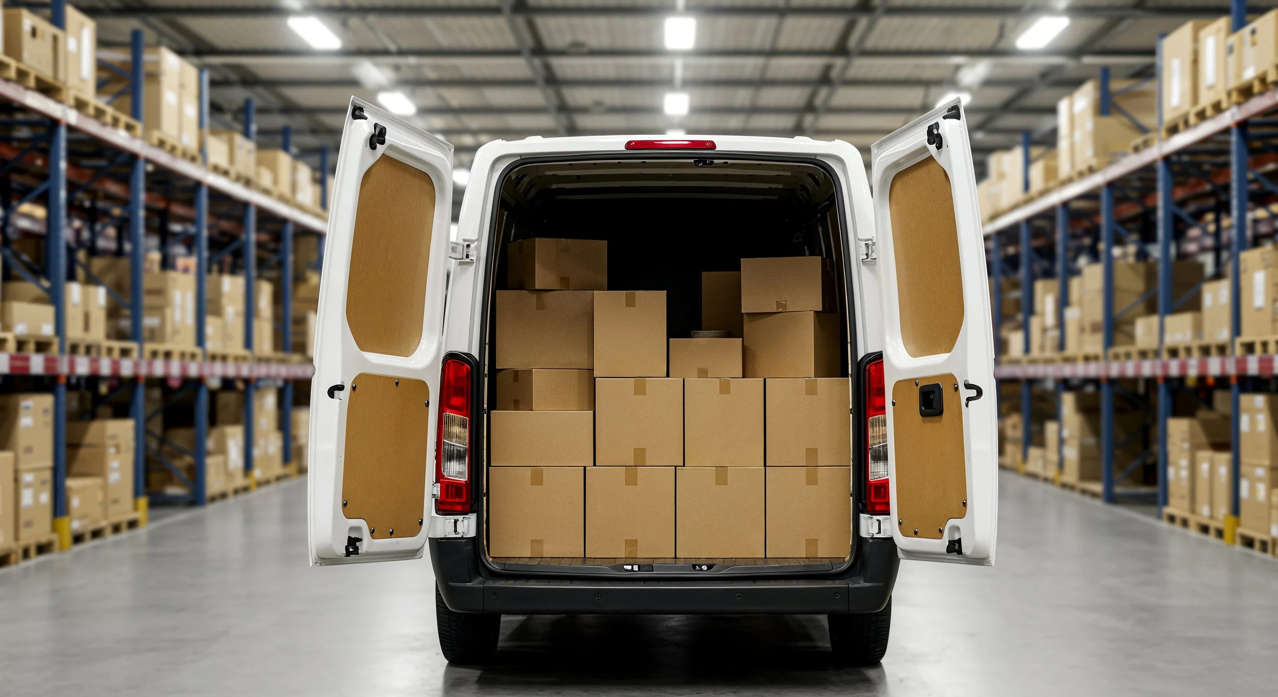 The rear of a white delivery van filled with brown cardboard boxes parked inside a warehouse with shelves stocked with similar boxes.