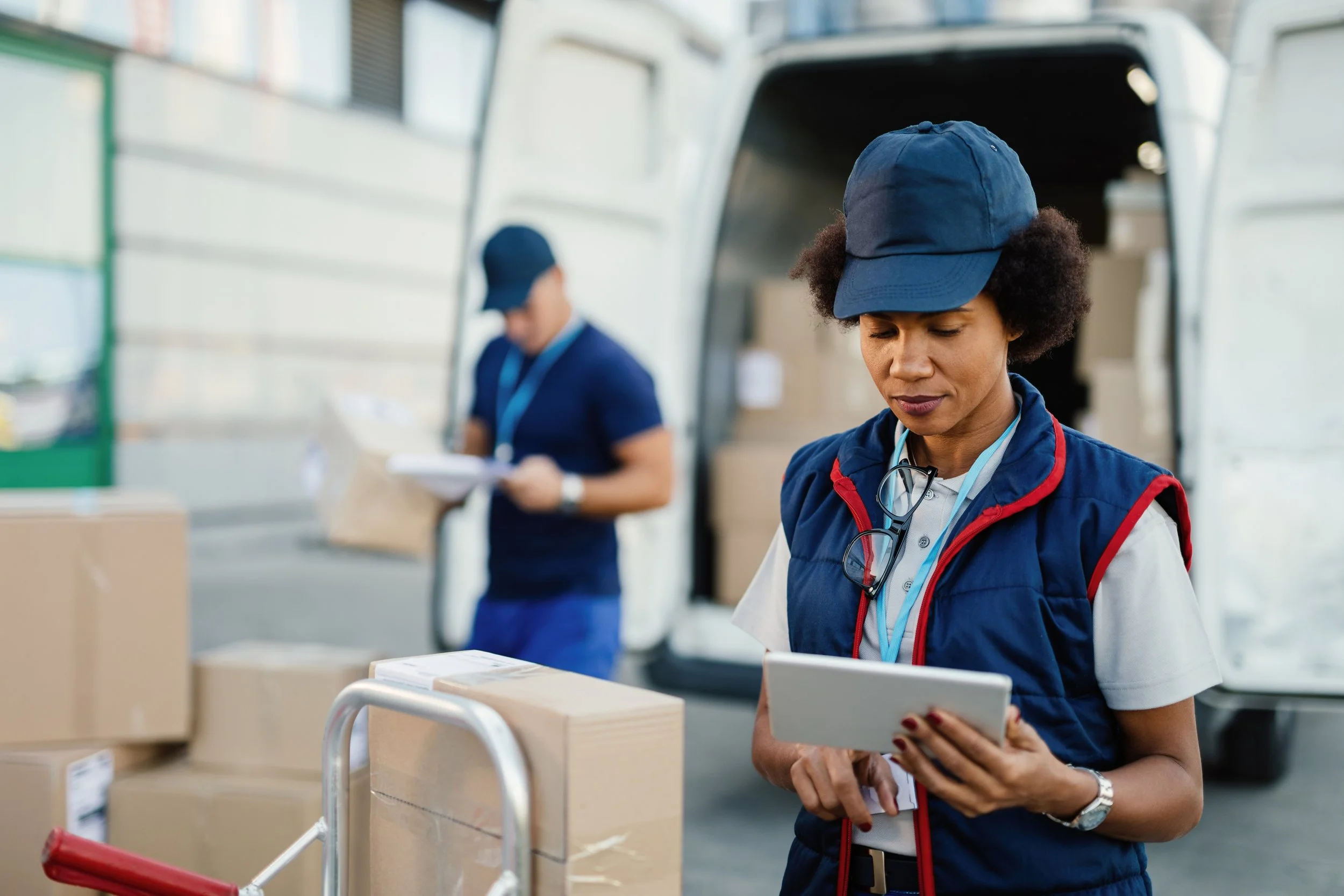 A woman wearing a blue cap and vest is inspecting a package at a shipping or warehouse facility. She is holding a tablet and appears focused on her task, with another worker in the background also engaged in work by boxes.