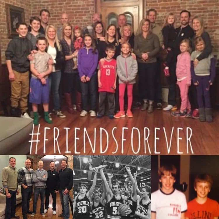 Group photo of friends and family with #FRIENDSF0REVER written at the bottom