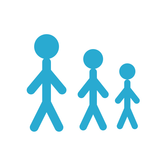 Symbol für Familie mit drei Erwachsenen und einem Kind, alle in blauer Farbe.