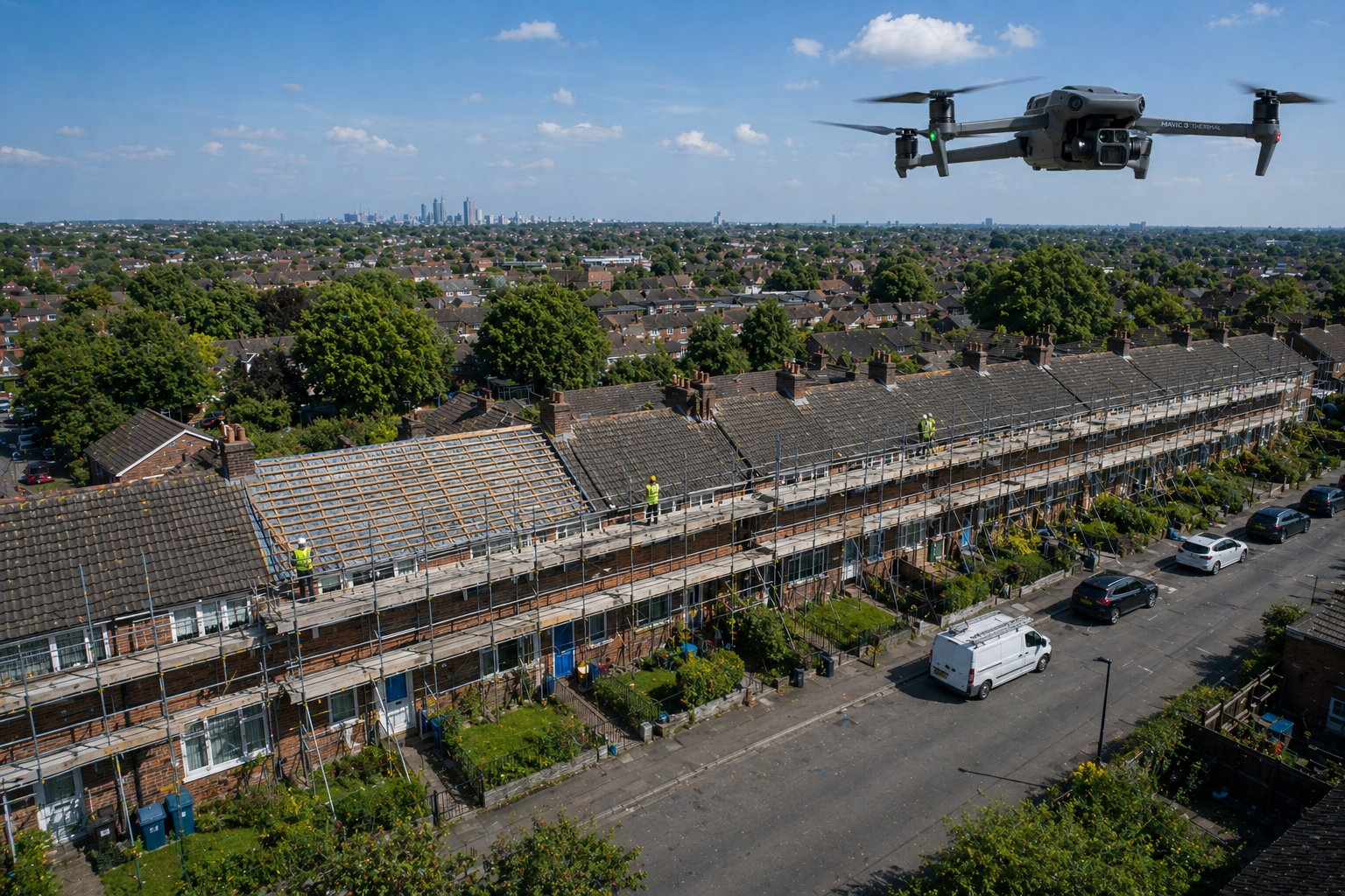 A thermal imaging drone flying over residential houses with scaffolding. The houses are being subject to a roof refurbishment scheme and the drone is assisting in a Preliminary Roost Assessment for bats to find potential roosting features.
