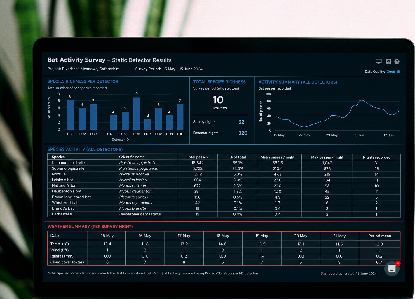 A computer screen displays a bat activity survey report with data charts, tables, and weather summaries for a planning application site in Oxfordshire. Modern technical ecology reporting and analysis to support residential planning application in UK.