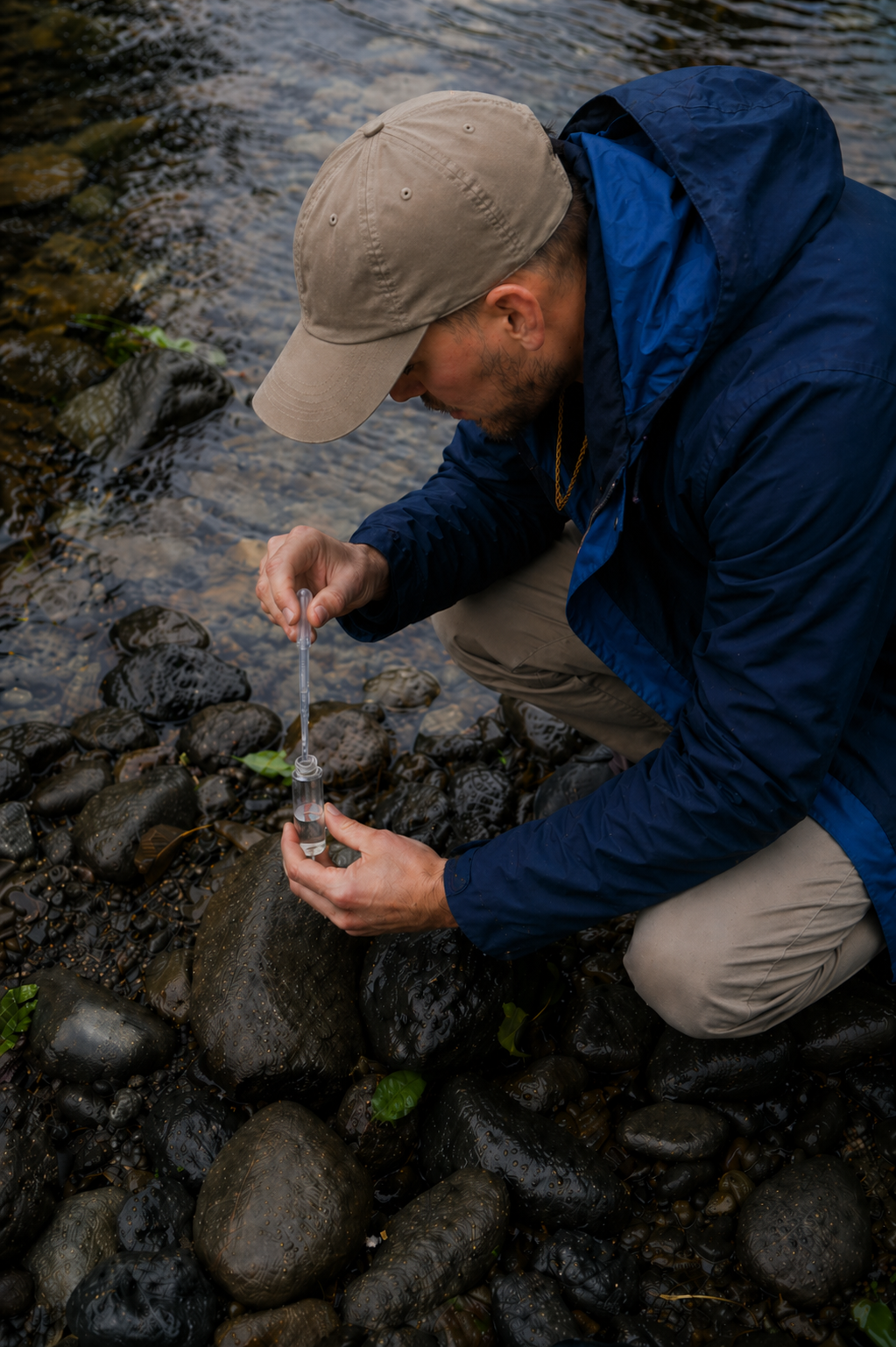 A senior ecological consultant collecting a water sample as part of an Environmental DNA (eDNA) survey for white clawed crayfish. This sample will be subject to laboratory analysis and written up in a technical protected species report for planning.