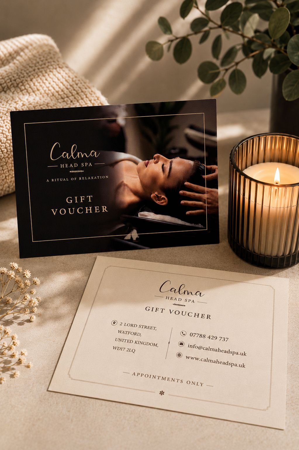 Calma Head Spa luxury gift voucher for Japanese Head Spa treatments in Watford, ideal for birthdays, anniversaries, and wellness gifts.