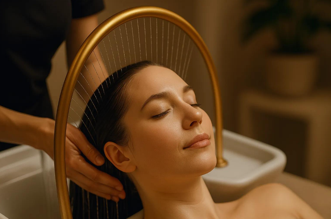 Client enjoying a Japanese Head Spa hair and scalp treatment at Calma Head Spa in Watford.