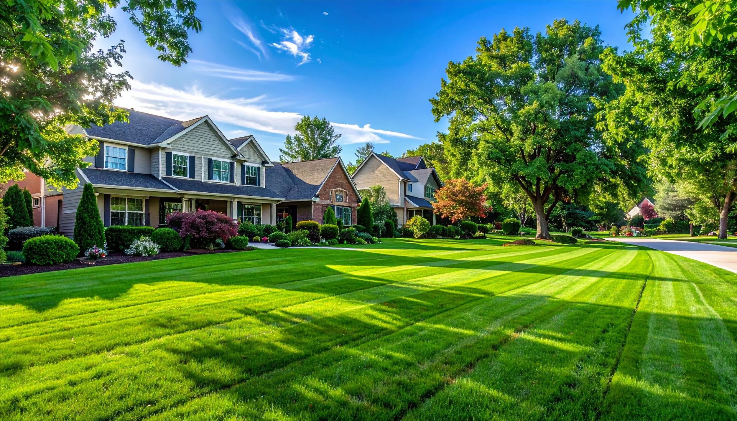 Lush striped lawn after professional maintenance in Saline and Milan, MI by Next Level Turf Care