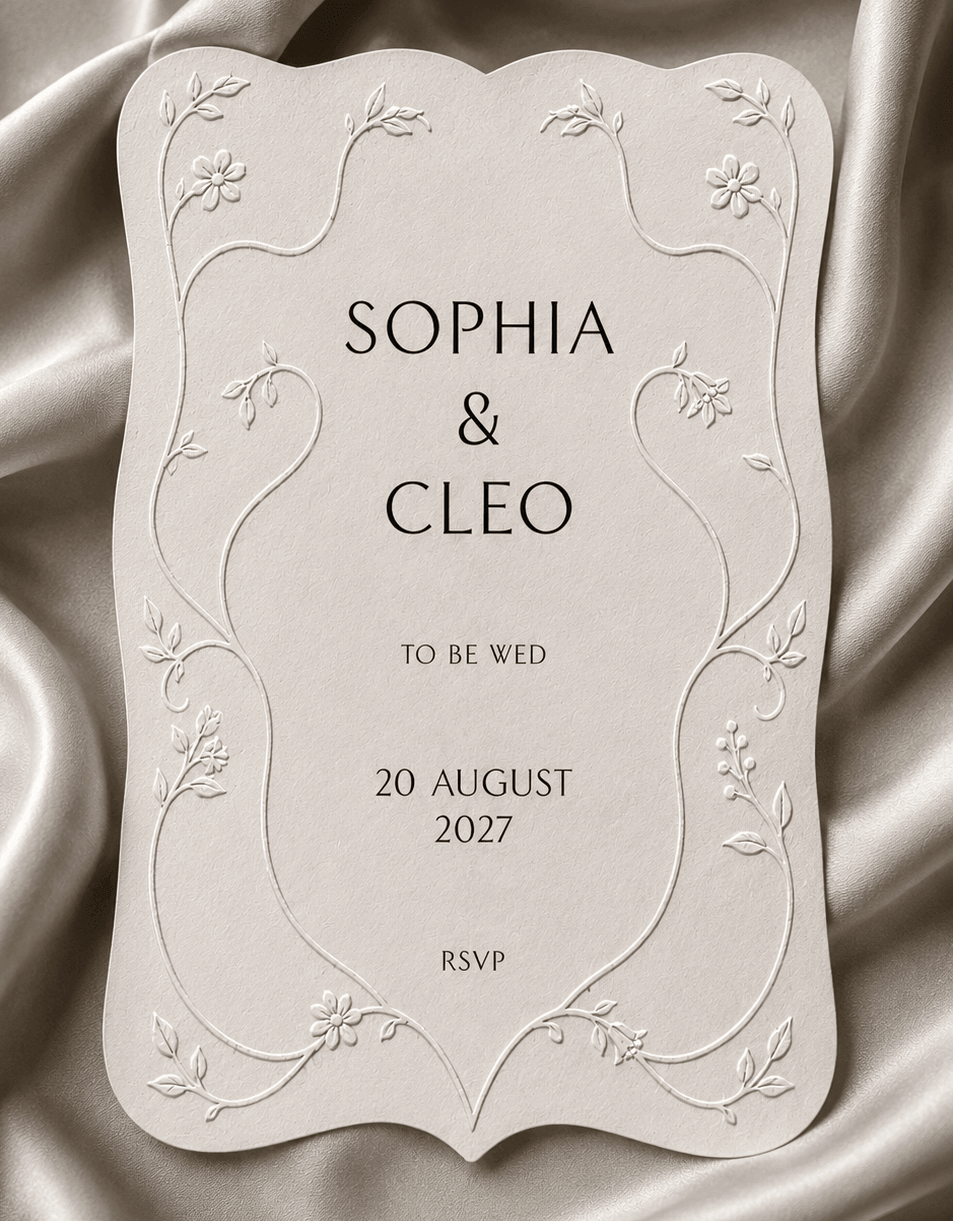 Elegant wedding invitation card with embossed floral designs, featuring the names Sophia and Cleo, event date August 20, 2027, on a satin background.