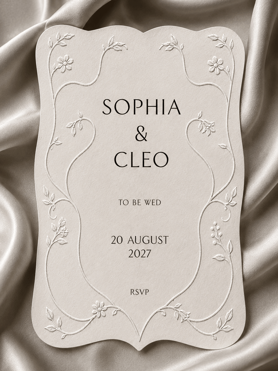 Wedding invitation card for Sophia and Cleo with floral embossed border, featuring details of the wedding date as August 20, 2027, on a satin fabric background.