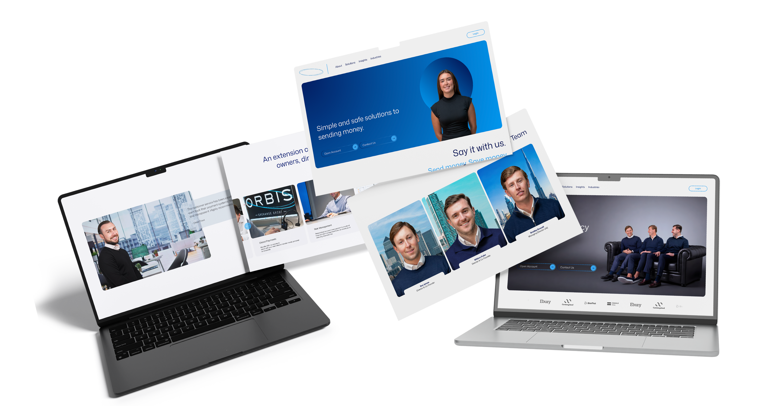 OJHMedia brand and corporate content for Orbis Exchange Group - website and social media asset mockups displayed on laptops