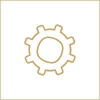 Gold-colored gear icon on a black background.
