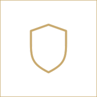 Minimalist logo of a gold shield outline on a black background.