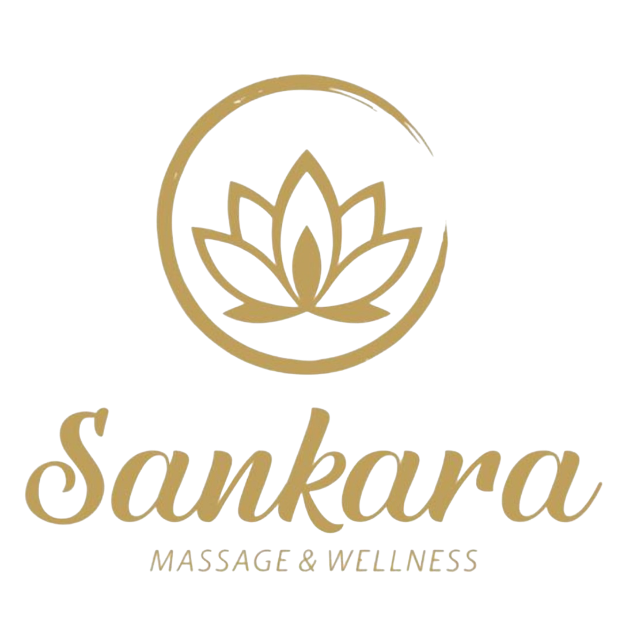 Gold-colored logo with a stylized lotus flower and the words "Sankara - Massage & Wellness" below it.
