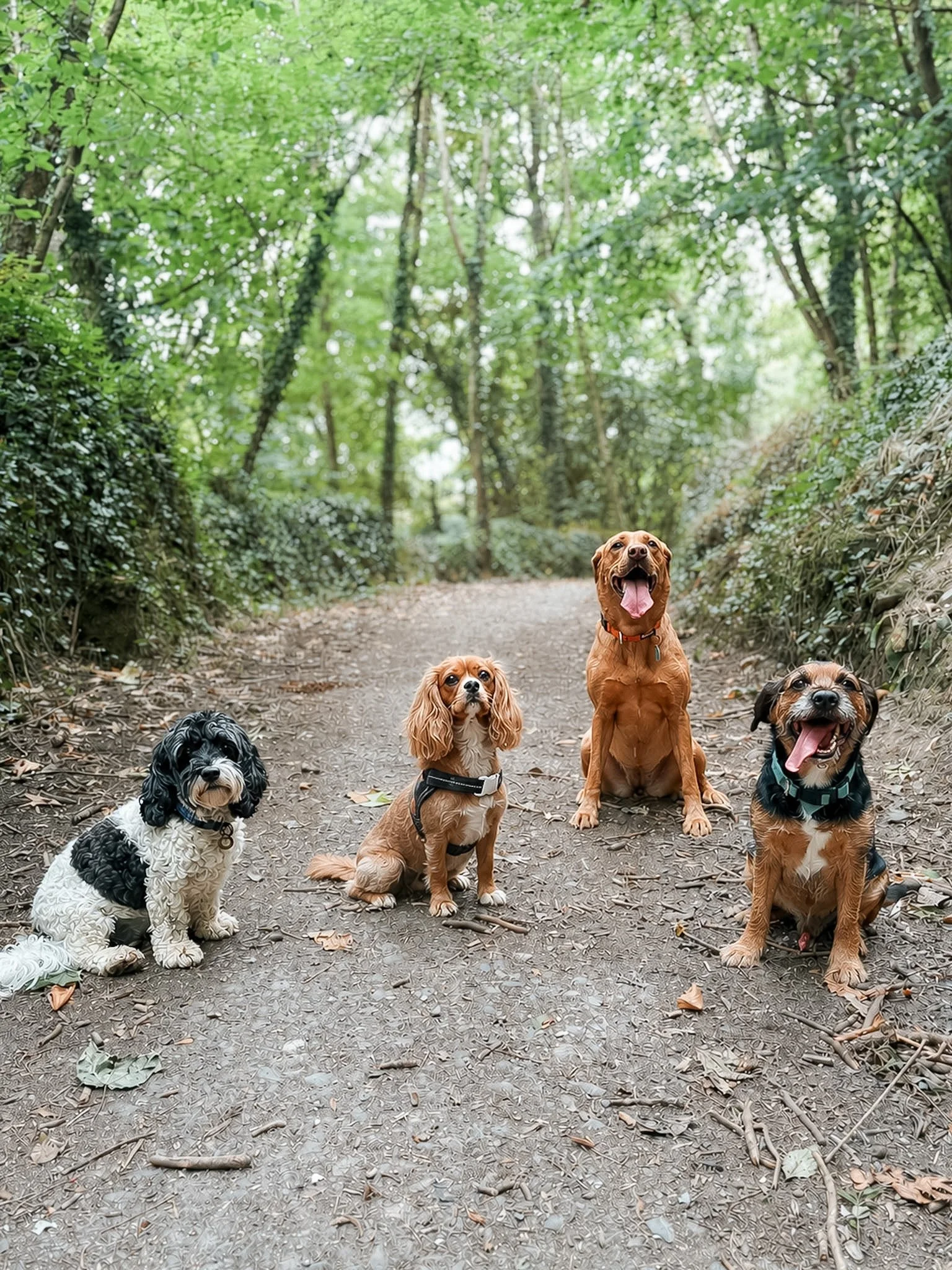 Five dogs sitting on a forest trail surrounded by green foliage.
