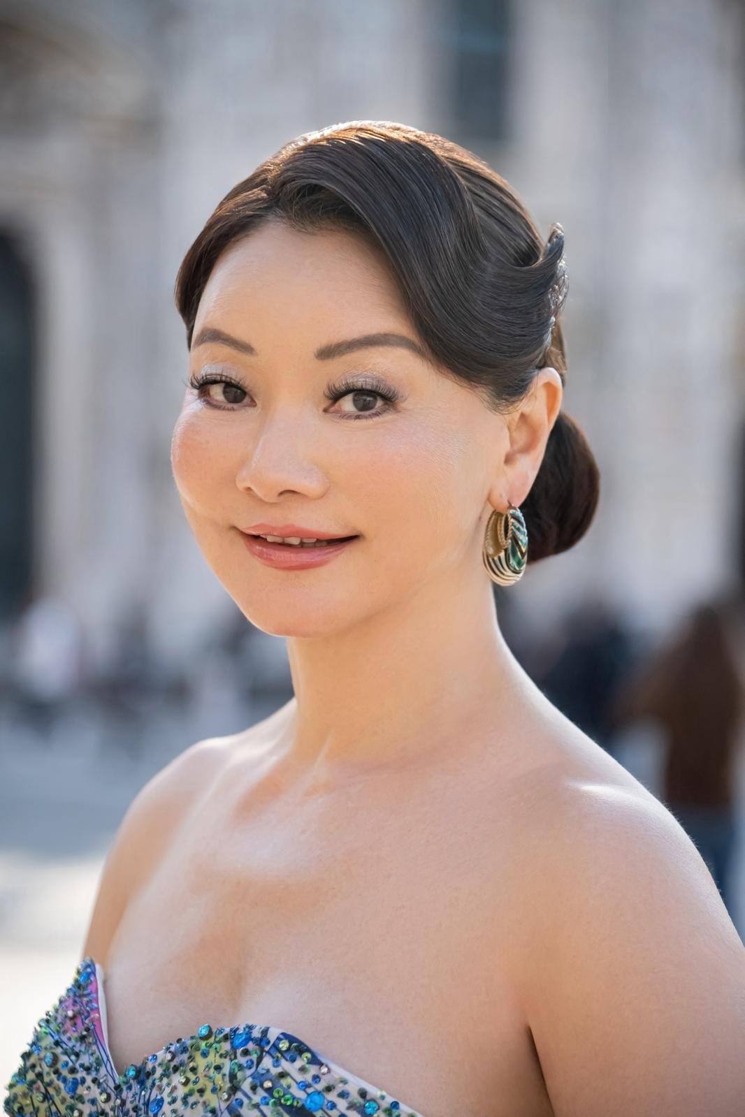 Winnie Wen with wearing a strapless dress in front of the Duomo.