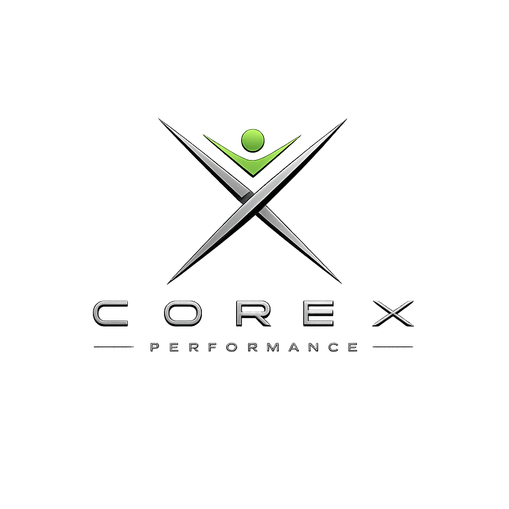 Ein Logo mit einem stilisierten menschlichen Symbol in Schwarz, Weiß und Grün, das eine dynamische Pose zeigt, und den Text "CORE PERFORMANCE" darunter.