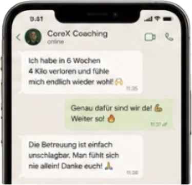 WhatsApp-Chat-Verlauf mit Textnachrichten über Gewichtsverlust, Unterstützung und Dankbarkeit.