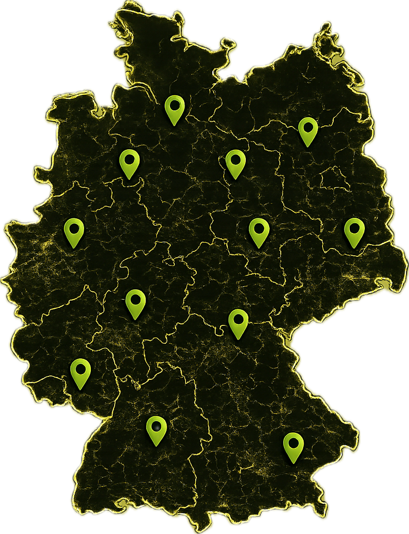 Silhouette von Deutschland mit grünen Markierungen an verschiedenen Orten auf der Karte.