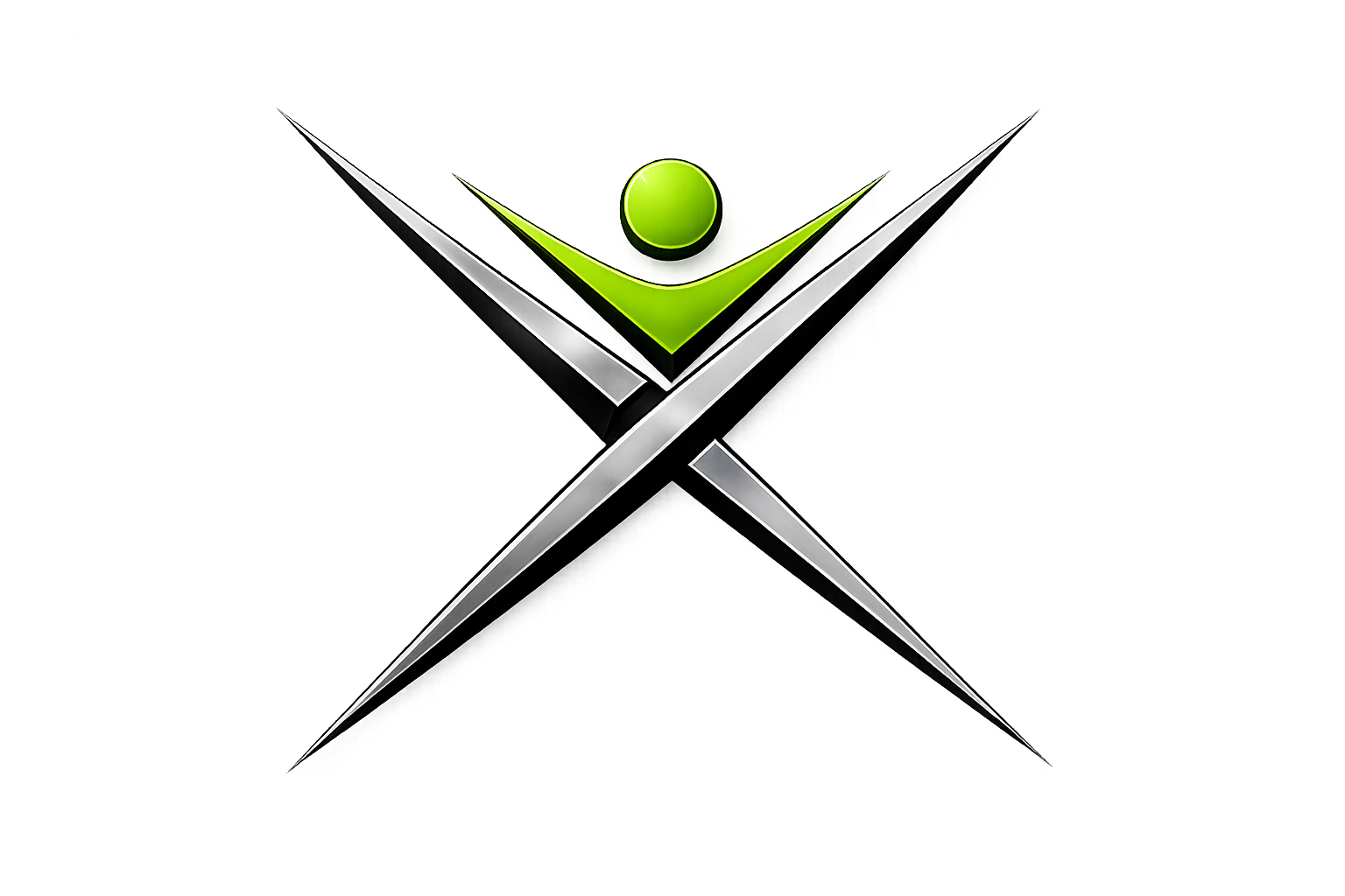 Ein abstraktes Logo mit einem stilisierten grünen Pfeil, einer grünen Kugel und schwarzen und silbernen Linien auf einem geometrischen Hintergrund.
