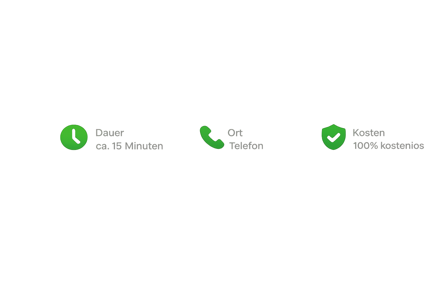 Drei grüne Icons für Anrufdauer, Telefonort und Kosten, die mit deutschen Beschriftungen versehen sind.