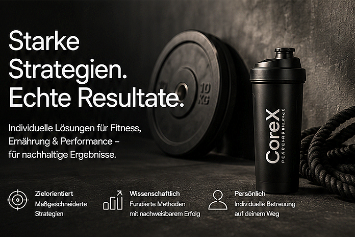 Werbeplakat für CoreX Fitness mit Fitnessgeräten und Text in Deutsch, der starke Strategien und nachhaltige Ergebnisse verspricht.