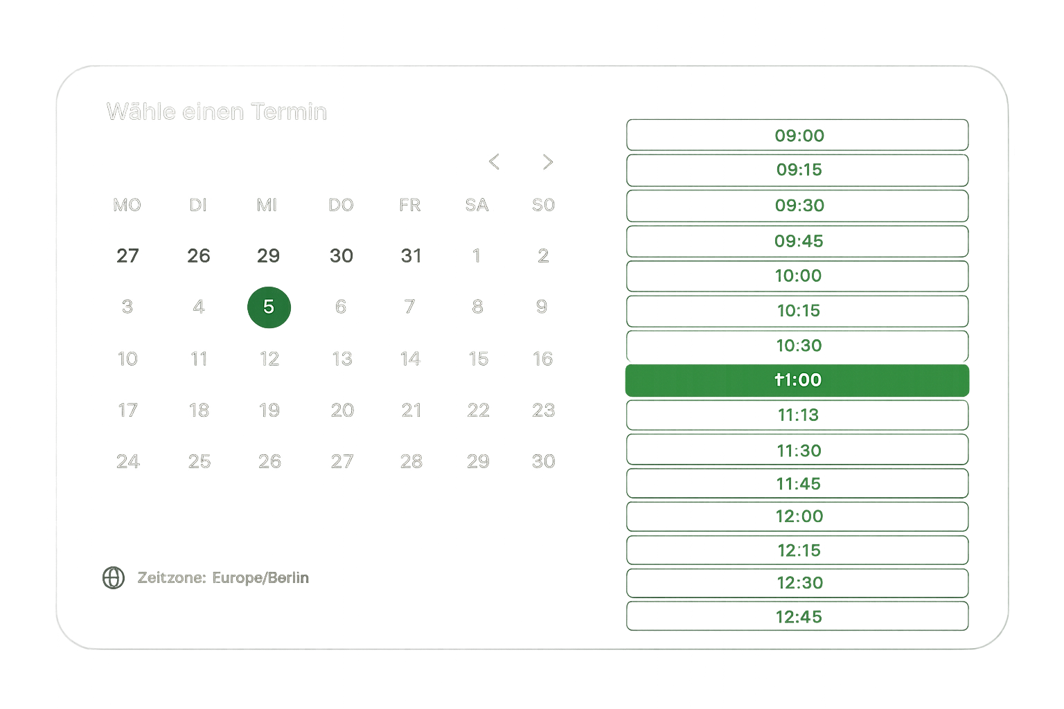 Digitaler Kalender mit Auswahl eines Termins. Buche jetzt dein Kostenloses Beratungsgespräch für 15 Minuten