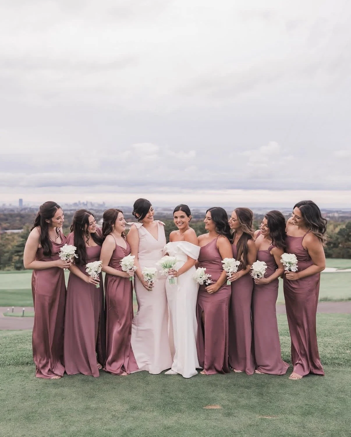 A bride and her bridesmaids standing outdoors on a grassy area, with a city skyline and cloudy sky in the background. The bride wears a white wedding dress, and the bridesmaids wear matching mauve dresses, each holding white flower bouquets.