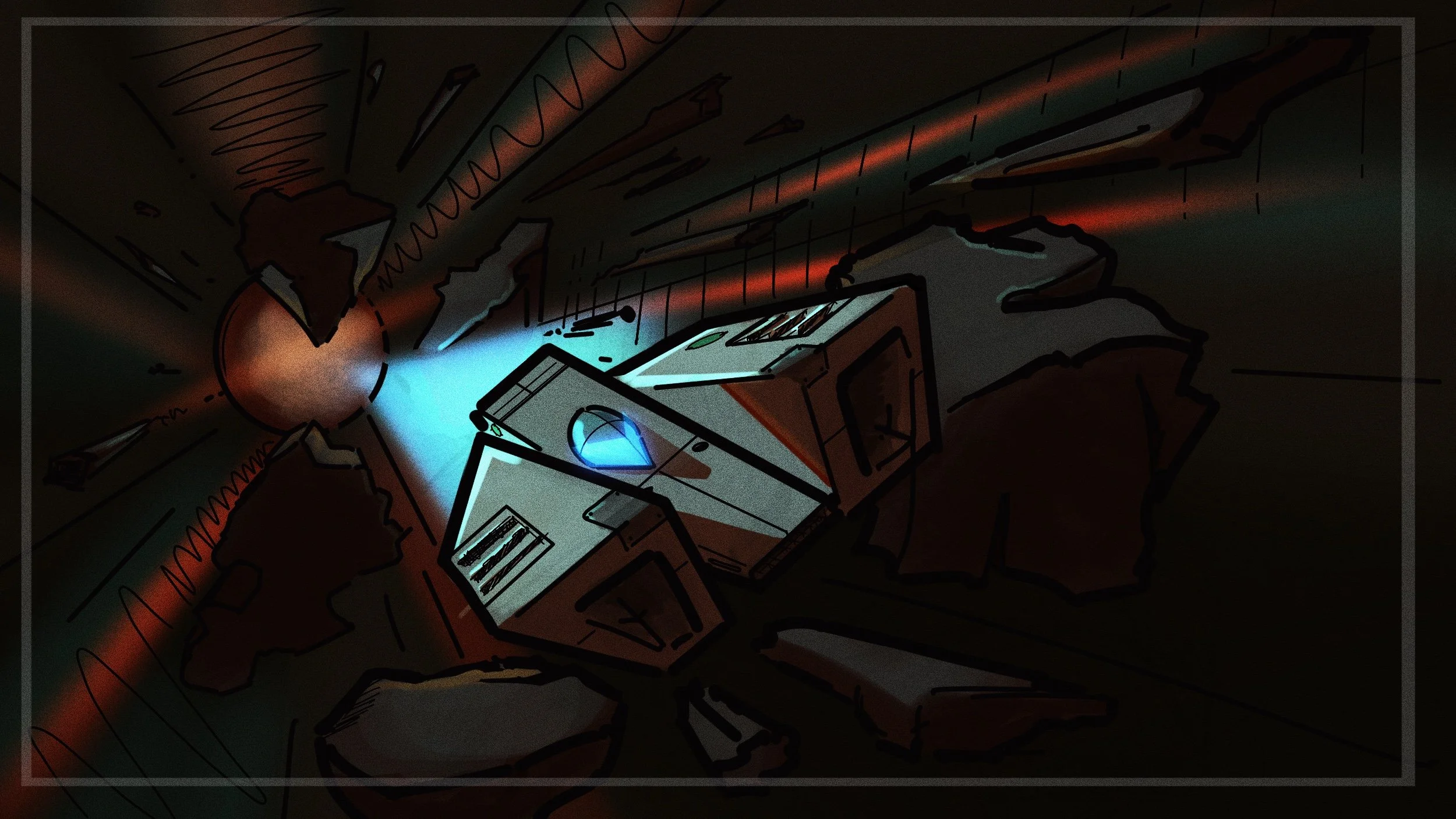A drawing of a futuristic or mechanical device emitting a bright blue light, with additional mechanical details, set against a dark background.