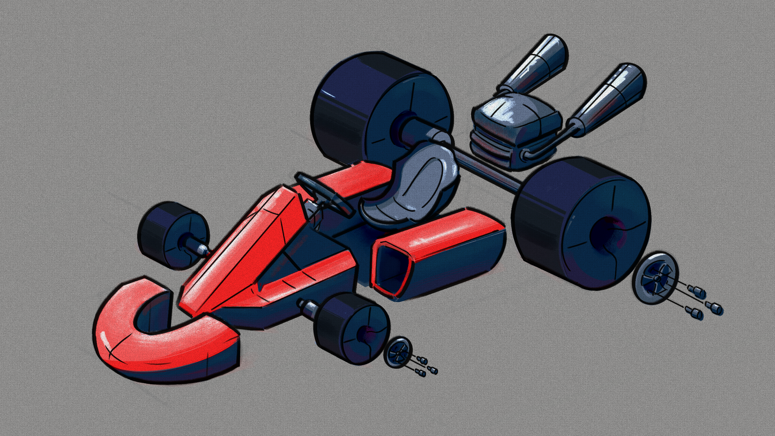 Illustration of a small, red, single-seater race car with parts disassembled, showing wheels, axles, and engine components.