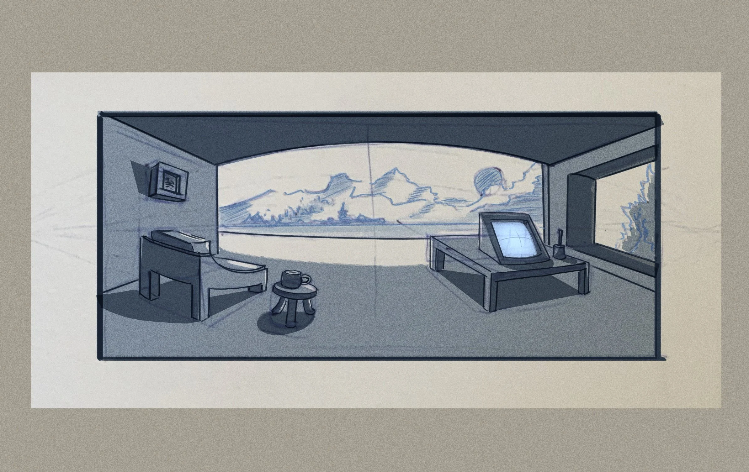 A sketch of a room with a large curved window showing mountains, clouds, and a setting sun. Inside, there is a desk with a monitor, a chair, a small table with cups, a stool, a framed picture on the wall, and a window with a lightning storm outside.
