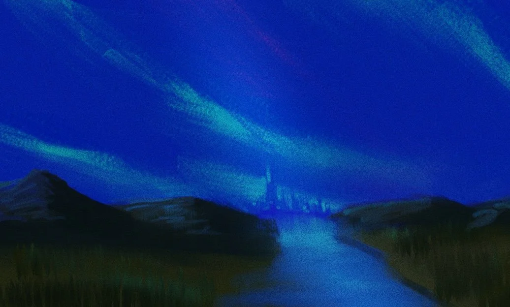 A digital painting of a nighttime scene with a river flowing through a valley, mountains in the background, and a city skyline illuminated under a starry sky.