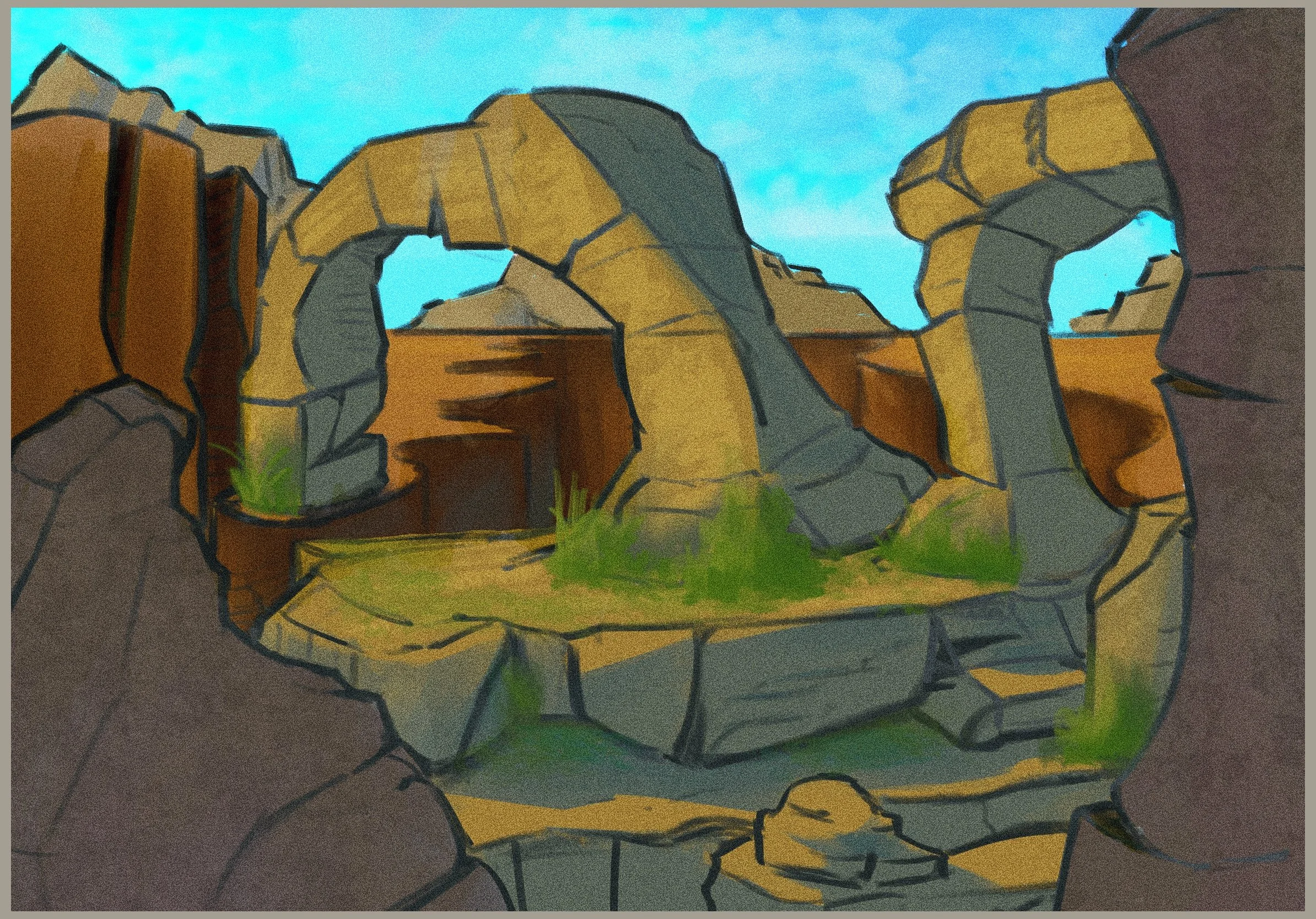 Illustration of a rocky landscape with large boulders and sparse green vegetation under a blue sky.